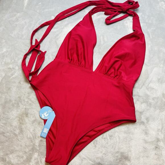 Cupshe Plunge Halter One Piece Swimsuit Womens XL Red Padded Bra Hi Cut NWT - Picture 1 of 6